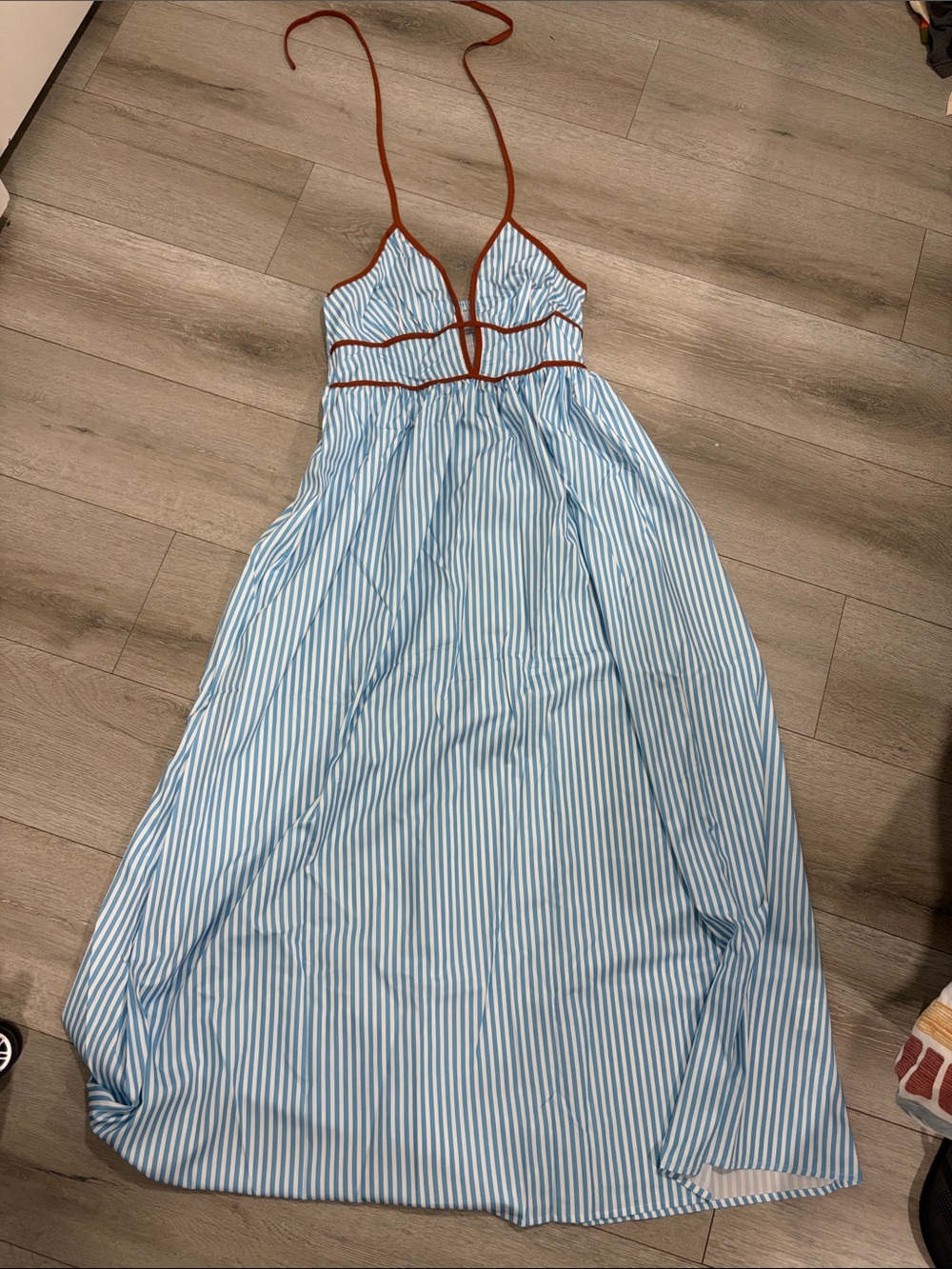 Striped Blue and White Halter Maxi Dress with Rust Trim